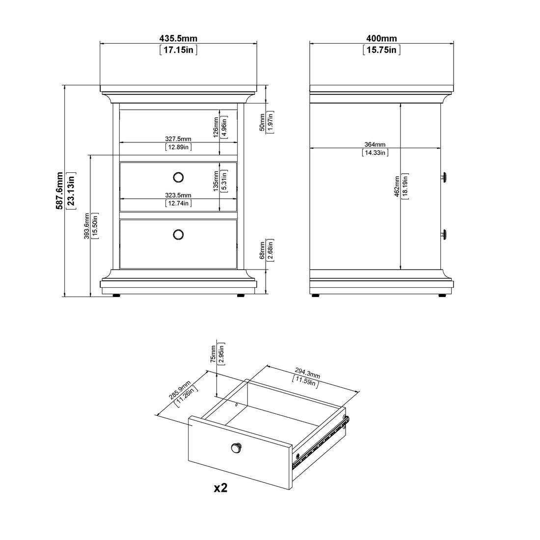 Paris Bedside 2 Drawers in White