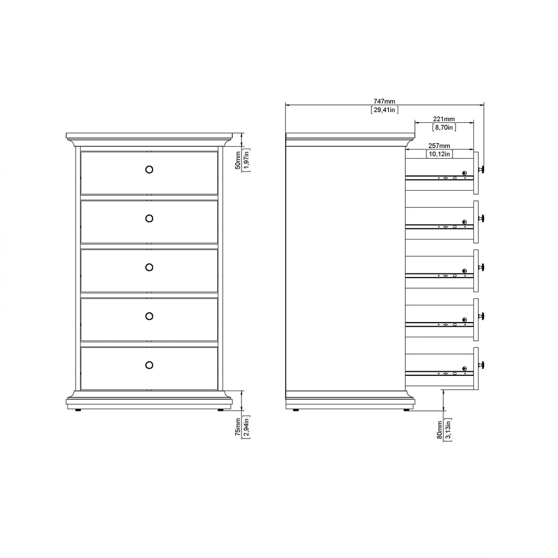 Paris Chest 5 Drawers in Matt Grey