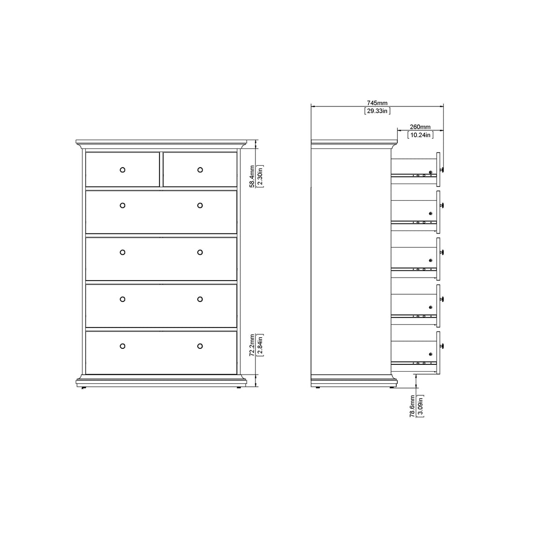 Paris Chest of 6 Drawers in White