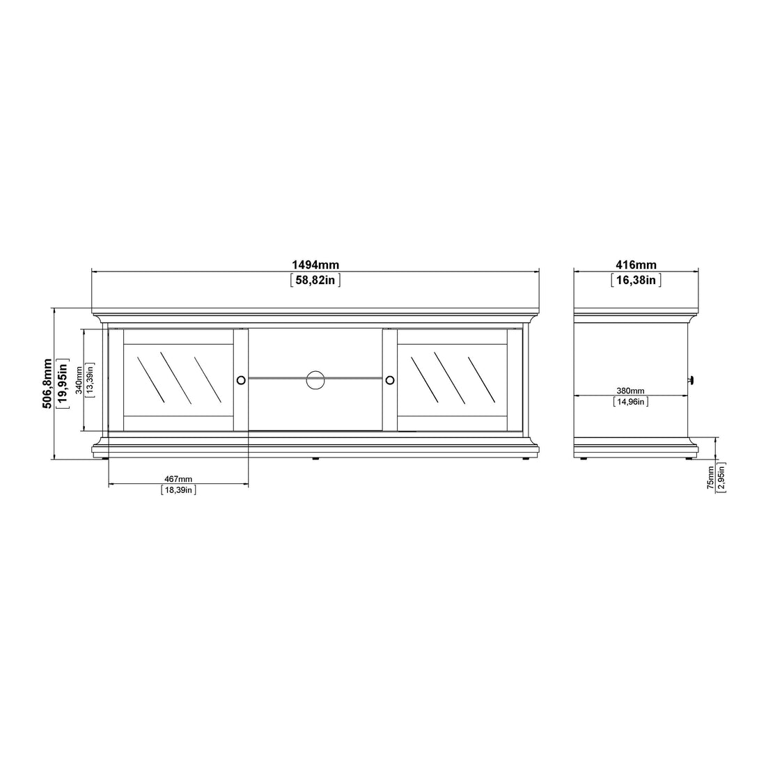 Paris TV Unit Wide 2 Doors 1 Shelf in White