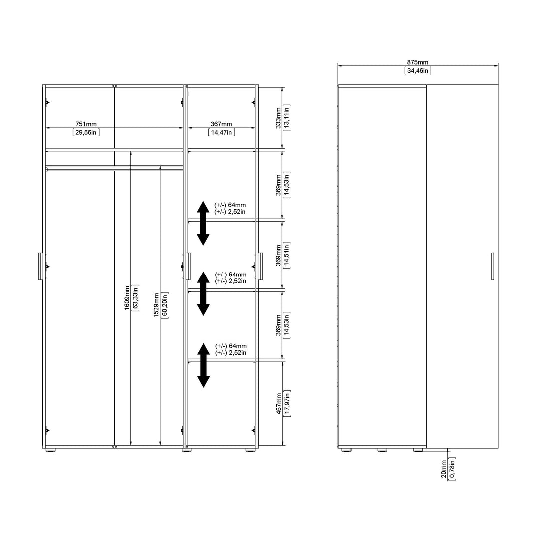 Pepe Wardrobe with 3 Doors in White Woodgrain