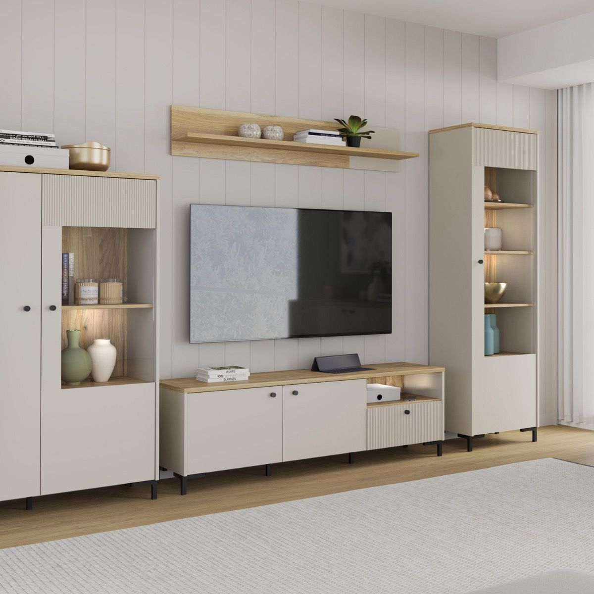 Bixbite Wide Fluted TV Unit in Mauvella Oak & Sand – image 10