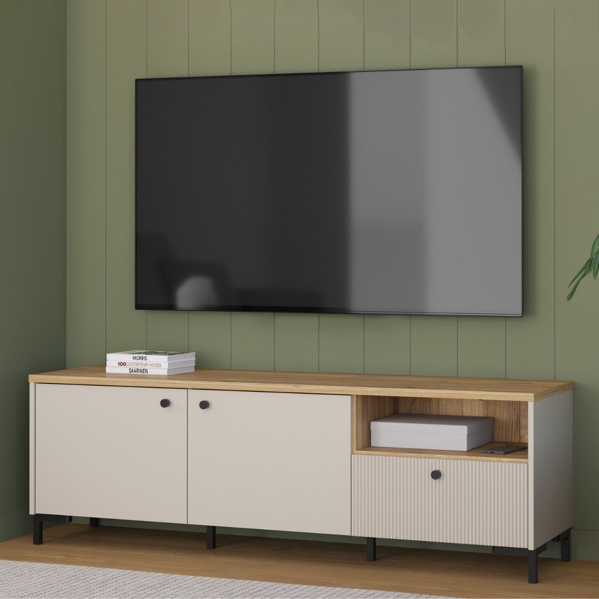 Bixbite Wide Fluted TV Unit in Mauvella Oak & Sand – image 9
