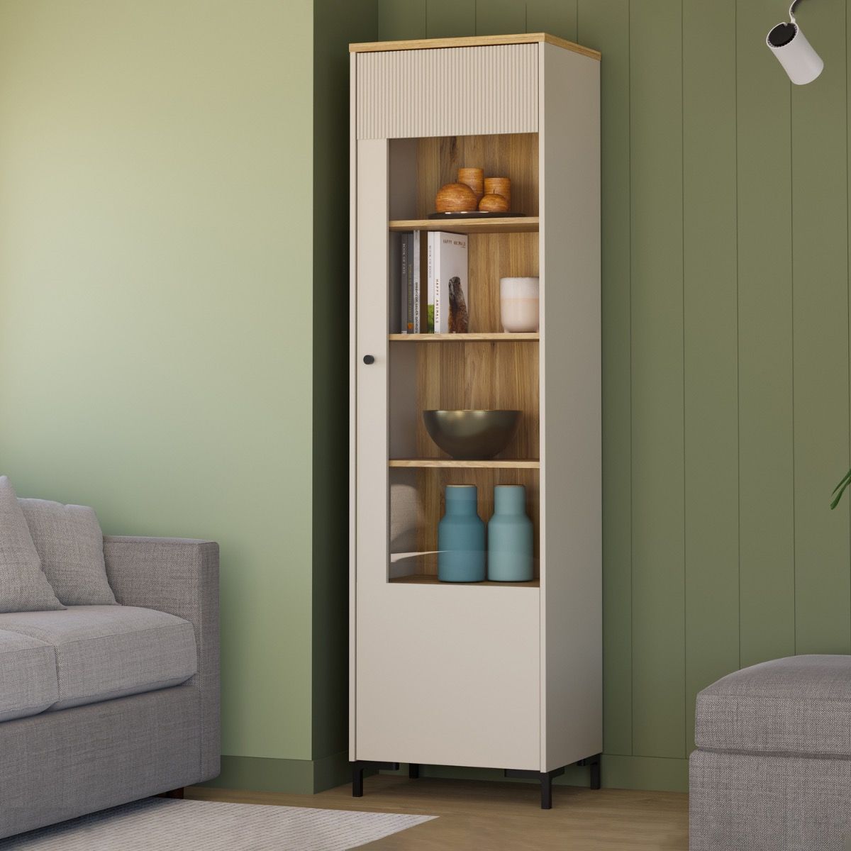 Bixbite Tall Fluted Display Cabinet in Mauvella Oak & Sand – image 10