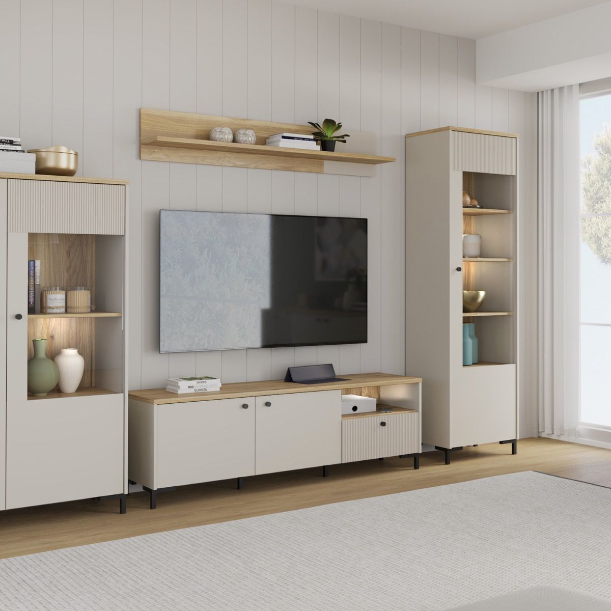 Bixbite Tall Fluted Display Cabinet in Mauvella Oak & Sand – image 11