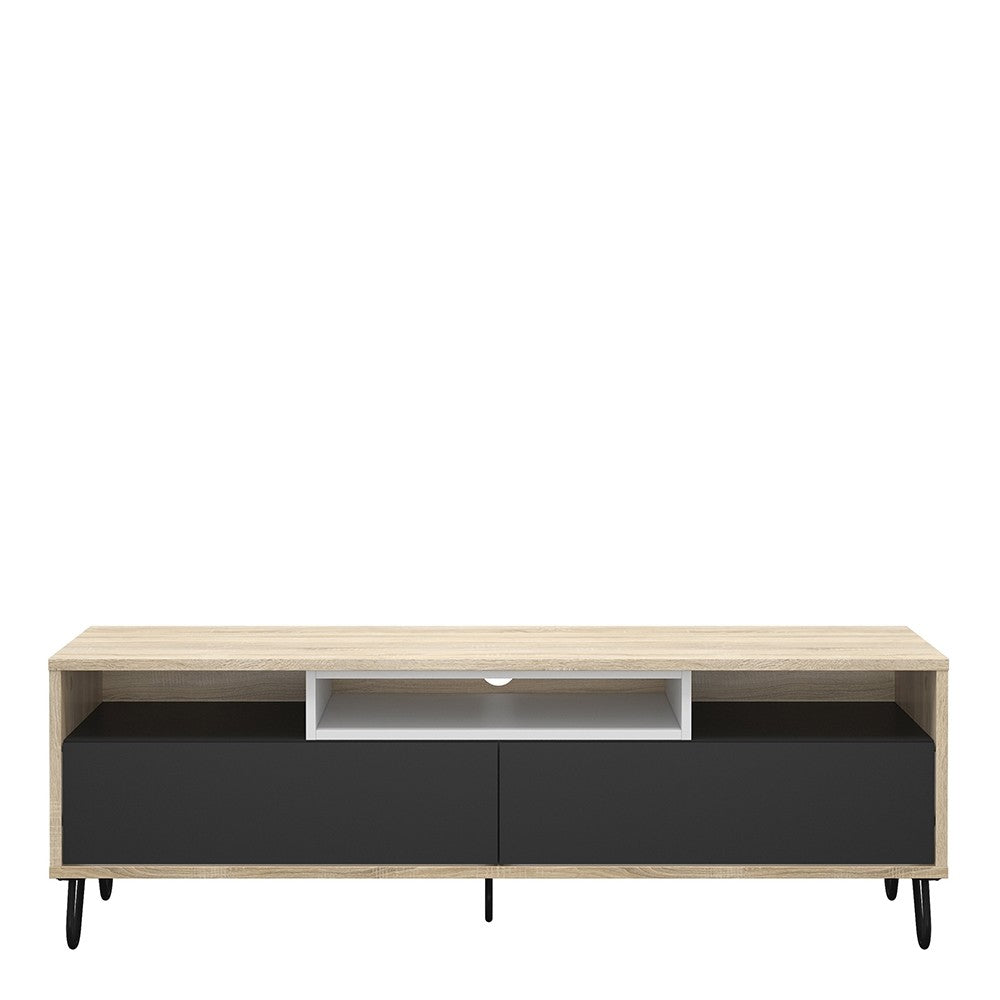 Match TV Unit 2 Drawers w/ Media Compartment in Oak with Dark Grey and White