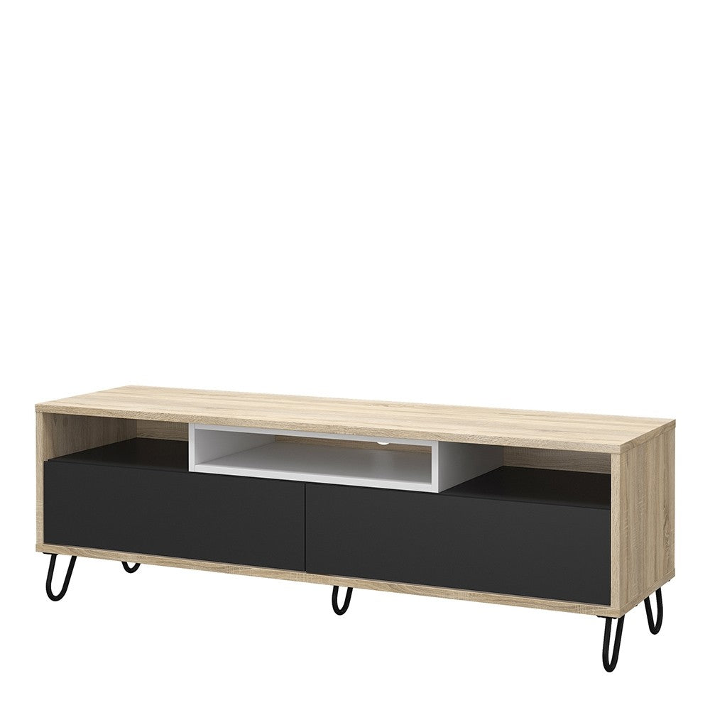 Match TV Unit 2 Drawers w/ Media Compartment in Oak with Dark Grey and White