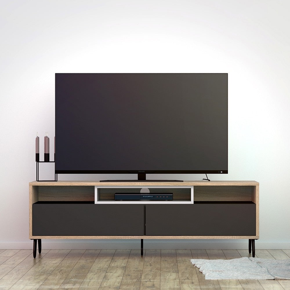 Match TV Unit 2 Drawers w/ Media Compartment in Oak with Dark Grey and White