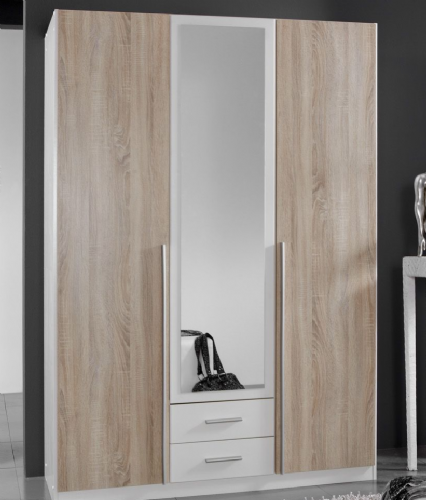 Alaska White and Oak Effect 3 Door  2 Drawer Wardrobe
