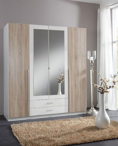 Alaska White and Oak Effect 4 Door  2 Drawer Wardrobe